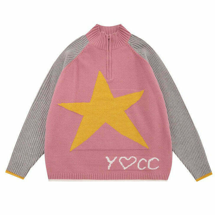 Trendy Star Print Zip Up Jumper - Vintage Aesthetic with Cozy Comfort for Everyday Style