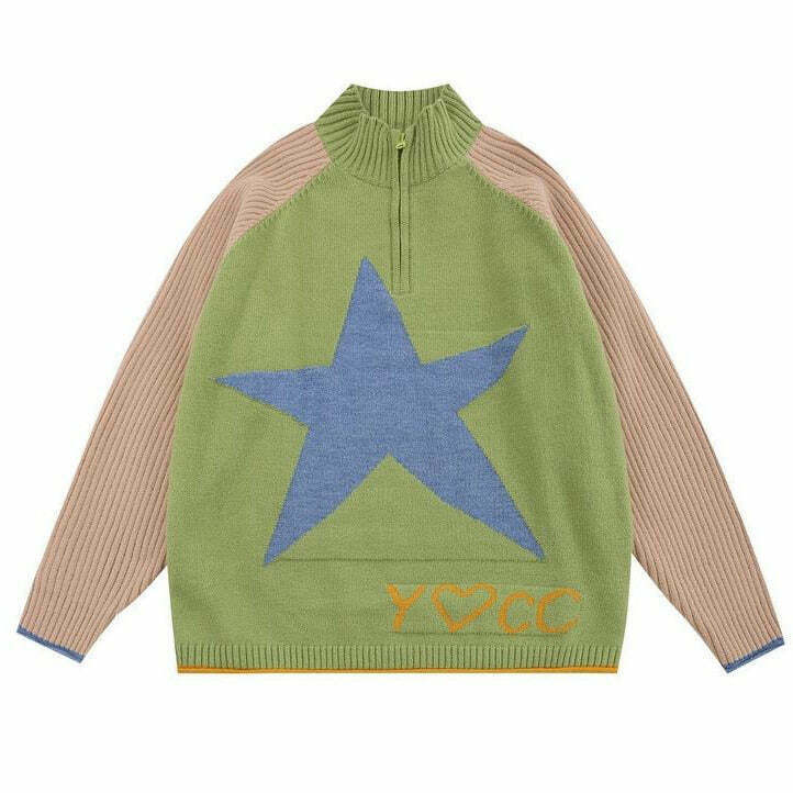 Trendy Star Print Zip Up Jumper - Vintage Aesthetic with Cozy Comfort for Everyday Style