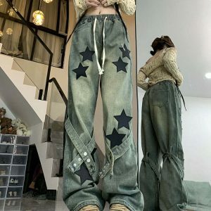 Trendy Stargirl Aesthetic Star Patch Jeans - Low Rise Baggy Ripped Y2K Style for All