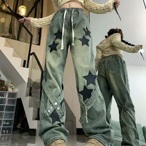 Trendy Stargirl Aesthetic Star Patch Jeans - Low Rise Baggy Ripped Y2K Style for All