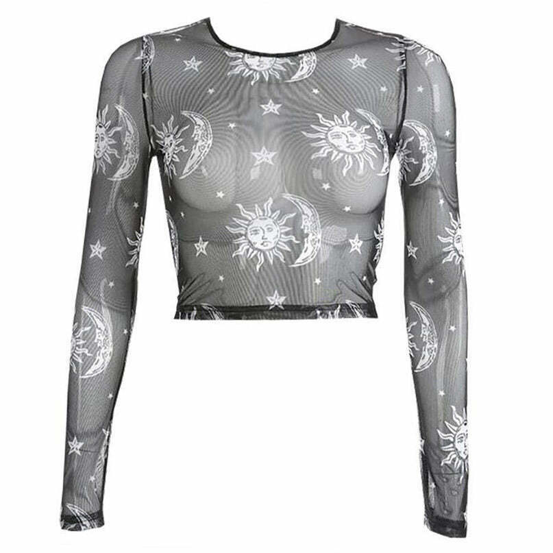 Trendy Sun and Moon Mesh Top - Stylish Y2K-Inspired Fashion for Effortless Chic Looks