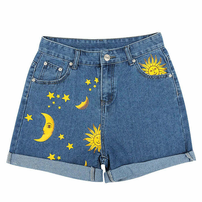 Trendy Sun and Moon Print Shorts for a Stylish Y2K Look - Perfect for Summer Vibes