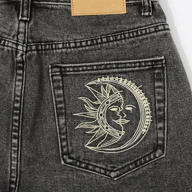 Trendy Sun & Moon Grunge Shorts with Rhinestone Fringe - Vintage Patchwork Denim Style