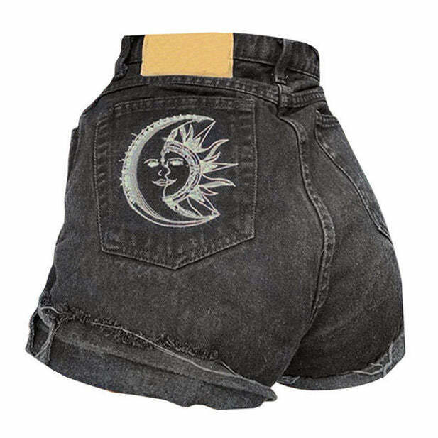 Trendy Sun & Moon Grunge Shorts with Rhinestone Fringe - Vintage Patchwork Denim Style