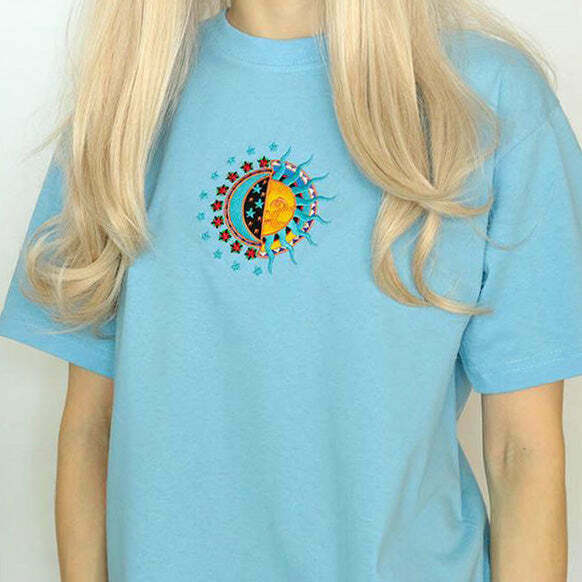 Trendy Sun & Moon T-Shirt in Soft Cotton-Spandex Blend for Y2K Fashion Lovers