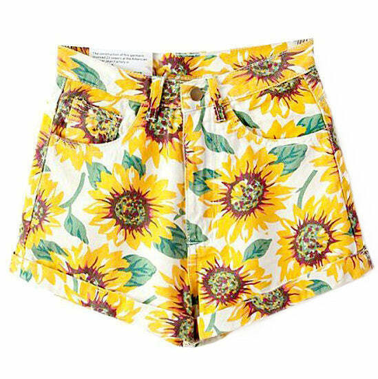 Trendy Sunflower Patchwork Denim Shorts with Rhinestone Fringe for Y2K Style Enthusiasts