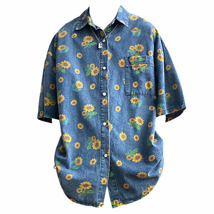 Trendy Sunflowers Denim Shirt - Aesthetic Cut-Out Design for Y2K Fashion Lovers