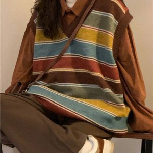 Trendy Tan and White Striped Knit Vest - Vintage-Inspired Zip-Up Sweater for Y2K Style