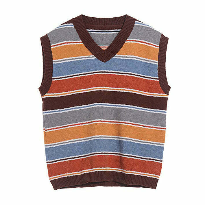 Trendy Tan and White Striped Knit Vest - Vintage-Inspired Zip-Up Sweater for Y2K Style