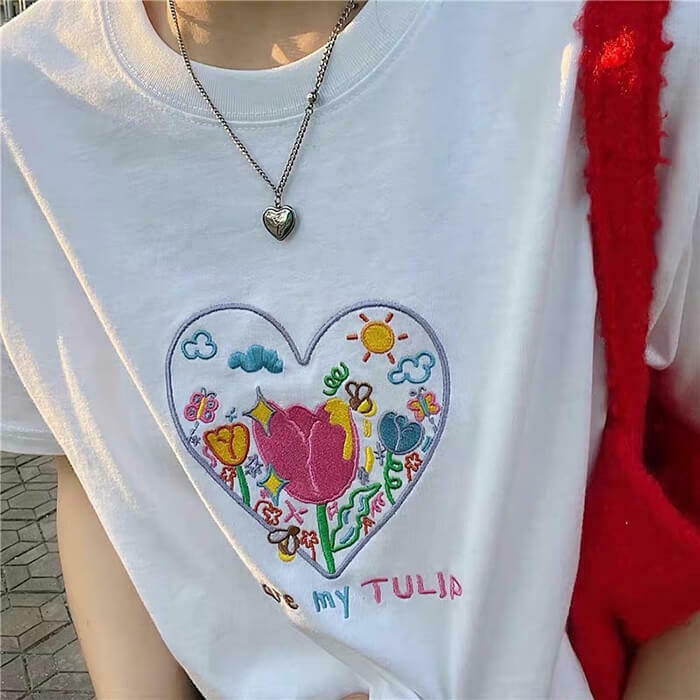 Trendy Tulip Embroidery Aesthetic T-Shirt in Soft Cotton-Spandex Blend for Stylish Looks