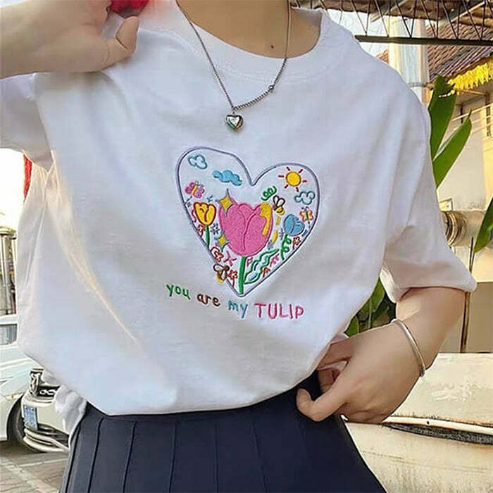 Trendy Tulip Embroidery Aesthetic T-Shirt in Soft Cotton-Spandex Blend for Stylish Looks