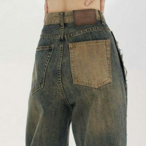 Trendy Washed Brown Jeans with Contrast Pocket - Y2K Stacked Ripped Style for Men