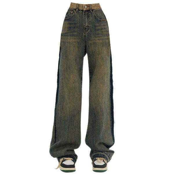 Trendy Washed Brown Jeans with Contrast Pocket - Y2K Stacked Ripped Style for Men