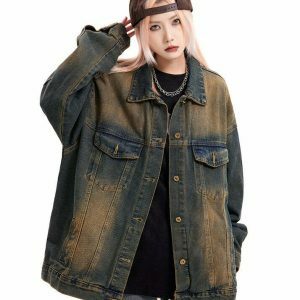 Trendy Washed Brown Loose Denim Jacket - Y2K Style Baggy Jacket for Effortless Fashion