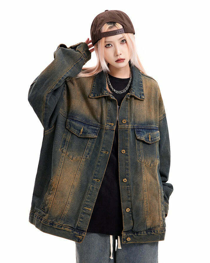 Trendy Washed Brown Loose Denim Jacket - Y2K Style Baggy Jacket for Effortless Fashion