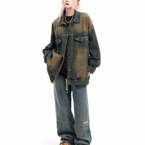 Trendy Washed Brown Loose Denim Jacket - Y2K Style Baggy Jacket for Effortless Fashion