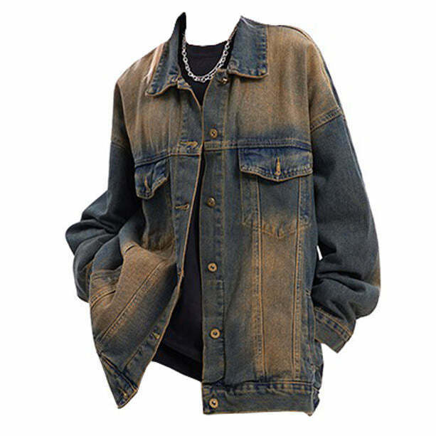 Trendy Washed Brown Loose Denim Jacket - Y2K Style Baggy Jacket for Effortless Fashion