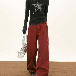 Trendy Wine Red Wide-Leg Jeans with Star Patch and Ripped Details for Y2K Style