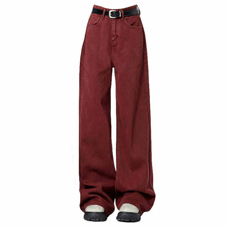 Trendy Wine Red Wide-Leg Jeans with Star Patch and Ripped Details for Y2K Style