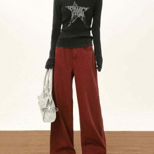 Trendy Wine Red Wide-Leg Jeans with Star Patch and Ripped Details for Y2K Style