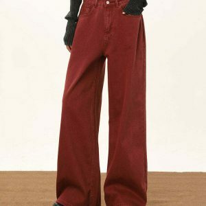 Trendy Wine Red Wide-Leg Jeans with Star Patch and Ripped Details for Y2K Style