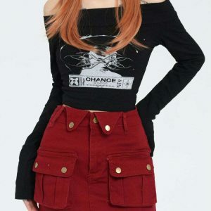 Trendy Wine Red Zip Front Mini Skirt - Y2K Style with Drawstring for a Chic Look