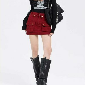 Trendy Wine Red Zip Front Mini Skirt - Y2K Style with Drawstring for a Chic Look