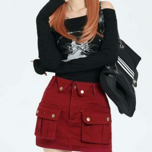 Trendy Wine Red Zip Front Mini Skirt - Y2K Style with Drawstring for a Chic Look