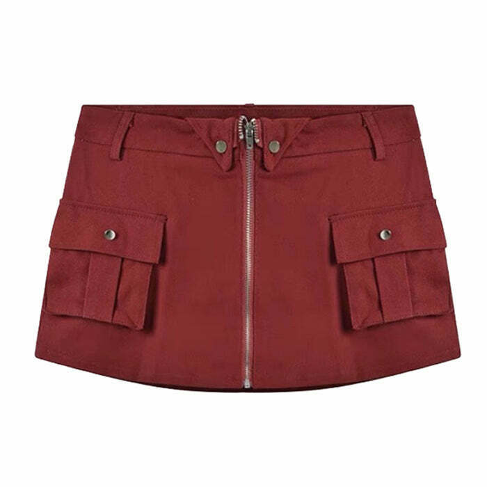 Trendy Wine Red Zip Front Mini Skirt - Y2K Style with Drawstring for a Chic Look