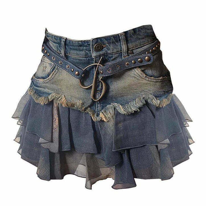 Trendy Y2K Aesthetic Denim Ruffled Skirt with Flirty Frills for a Chic Retro Look