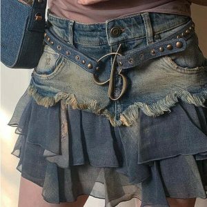 Trendy Y2K Aesthetic Denim Ruffled Skirt with Flirty Frills for a Chic Retro Look