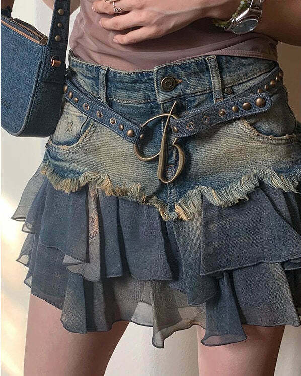 Trendy Y2K Aesthetic Denim Ruffled Skirt with Flirty Frills for a Chic Retro Look