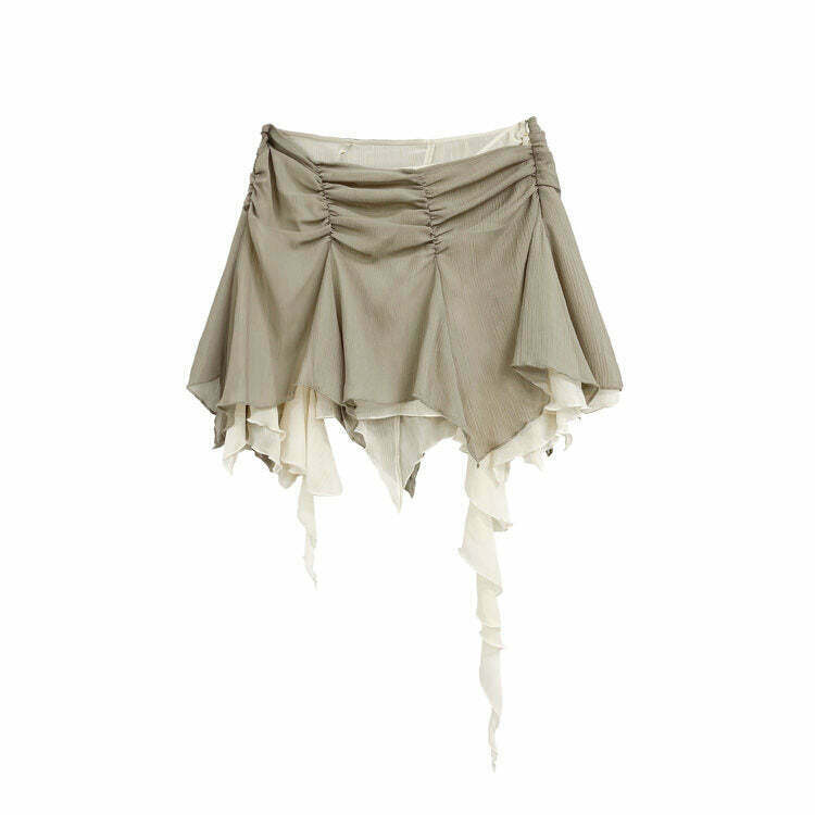 Trendy Y2K Asymmetric Ruffled Mini Skirt in Grey - Stylish Drawstring Cargo Design