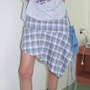 Trendy Y2K Asymmetrical Blue Plaid Skirt with Drawstring Detail for a Chic Look