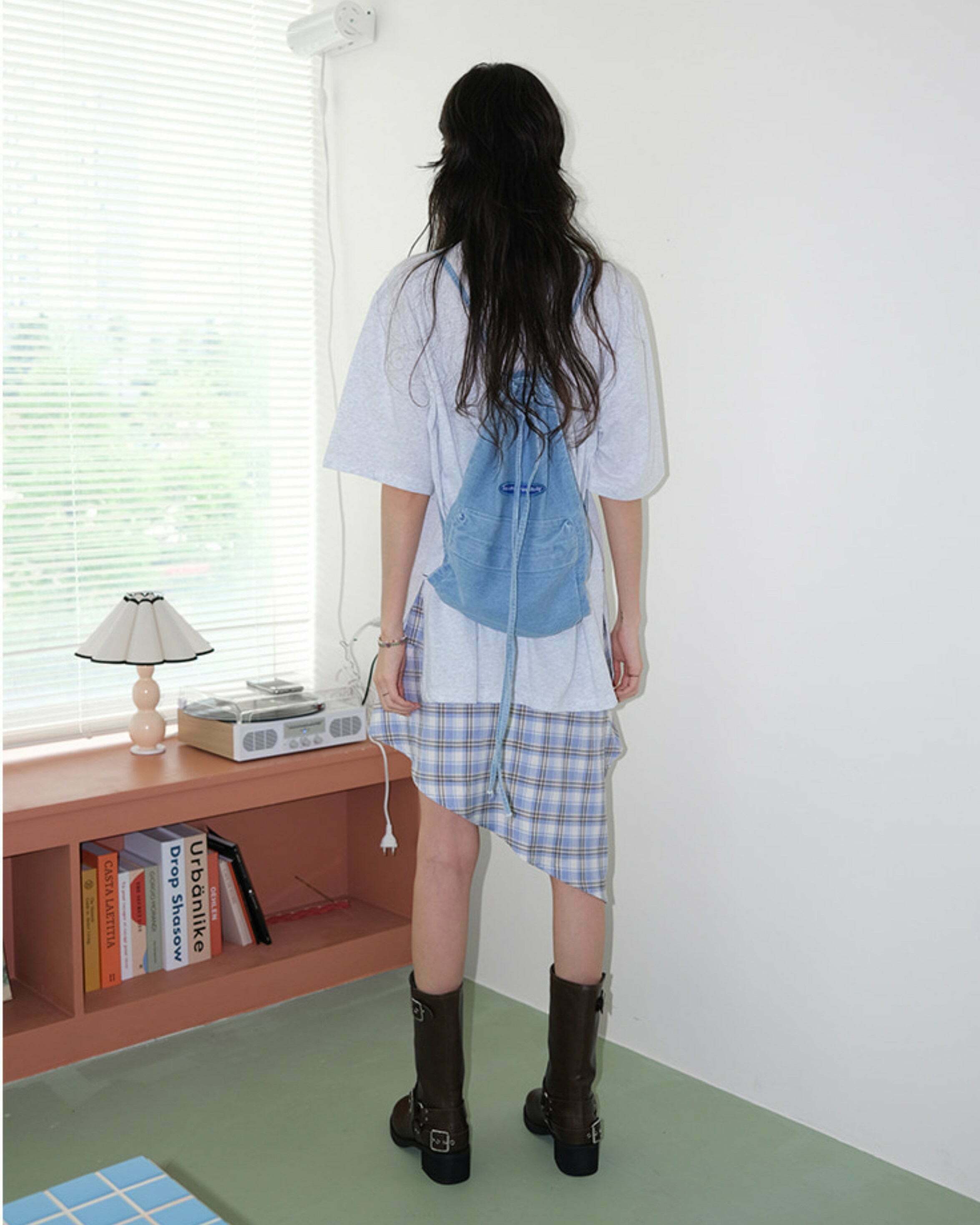 Trendy Y2K Asymmetrical Blue Plaid Skirt with Drawstring Detail for a Chic Look