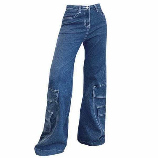 Trendy Y2K Baggy Pocket Mom Jeans with Star Patch - Stylish Low Rise Ripped Denim