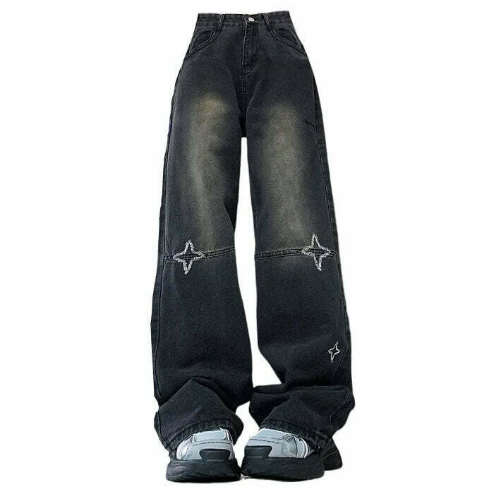 Trendy Y2K Black Star Jeans - Stylish Stacked Ripped Design for a Bold Look