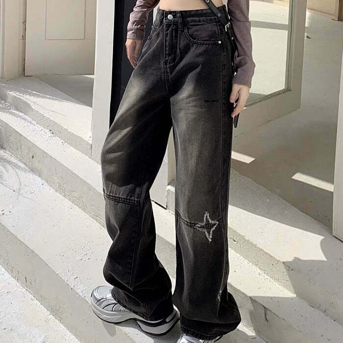 Trendy Y2K Black Star Jeans - Stylish Stacked Ripped Design for a Bold Look