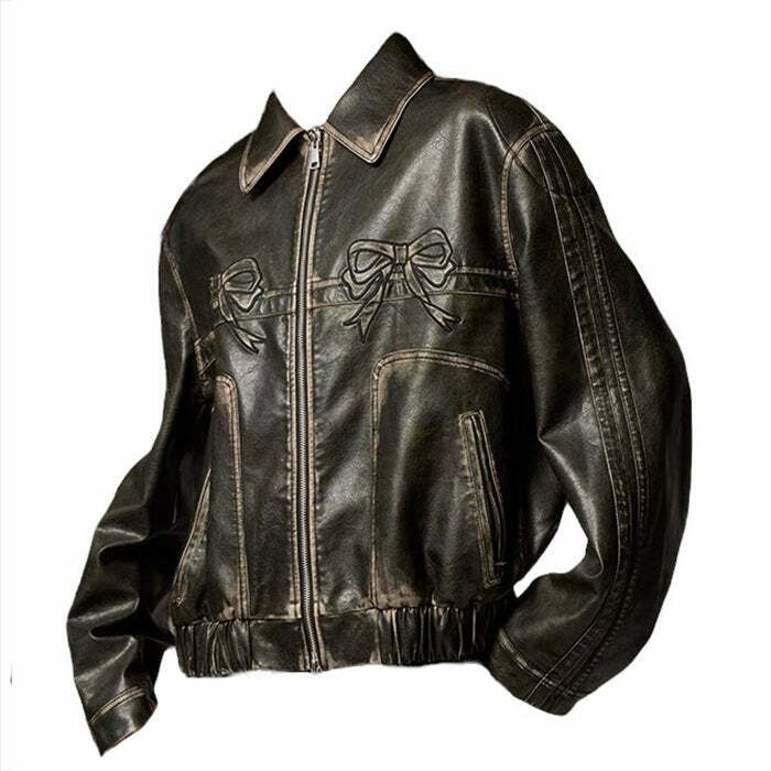 Trendy Y2K Bow Motorcycle Jacket in Stylish Leather - Edgy Fashion Statement Piece