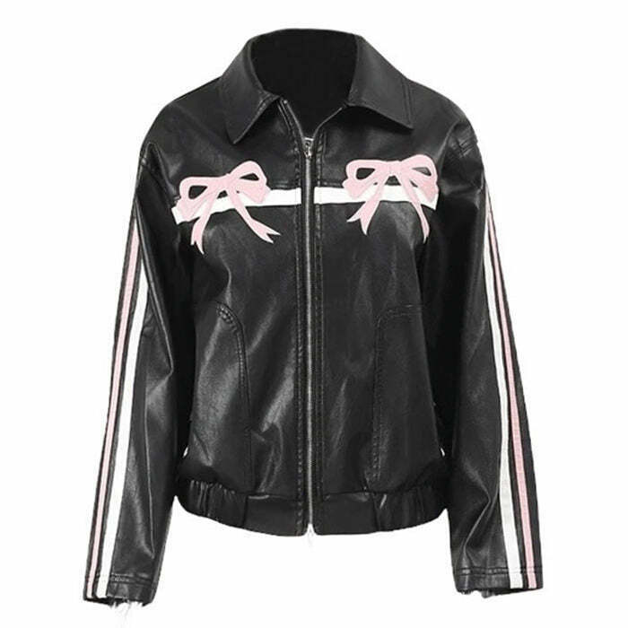 Trendy Y2K Bow Motorcycle Jacket in Stylish Leather - Edgy Fashion Statement Piece