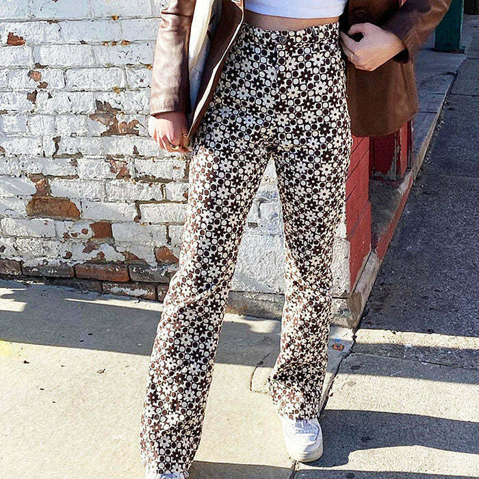 Trendy Y2K Brown Floral Cargo Pants with Rivet Details for a Chic Retro Look