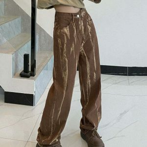 Trendy Y2K Brown Stacked Ripped Jeans for a Stylish Look - Perfect for Fashion Week!