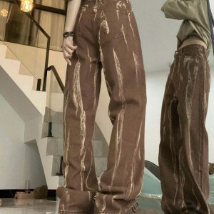 Trendy Y2K Brown Stacked Ripped Jeans for a Stylish Look - Perfect for Fashion Week!