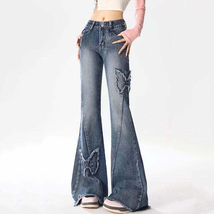 Trendy Y2K Butterfly Flare Jeans with Retro Style and Comfortable Fit for Fashion Lovers