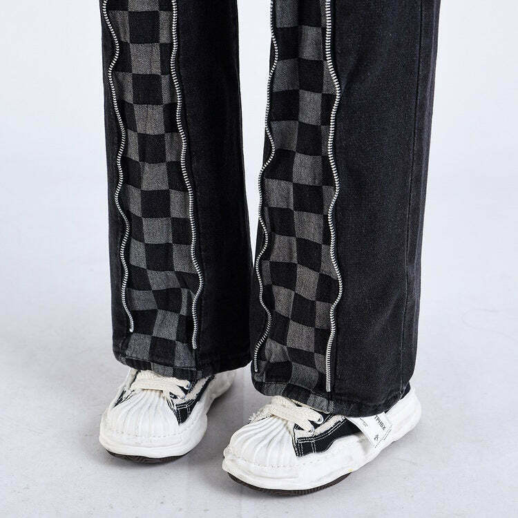 Trendy Y2K Checker Jeans for Men - Stylish Low Rise Baggy Checkered Pants with Rips