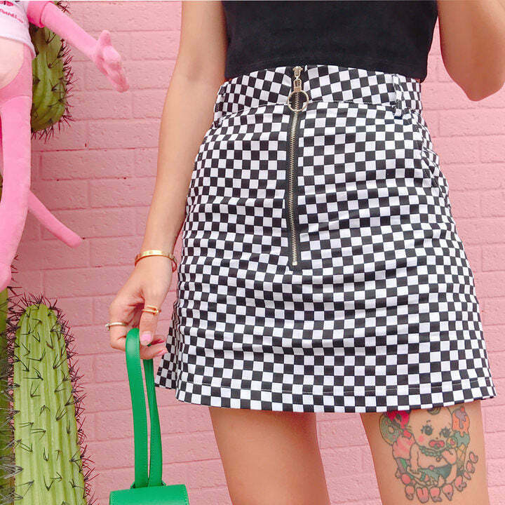 Trendy Y2K Checker Skirt with Drawstring, Perfect for Emo and Casual Styles