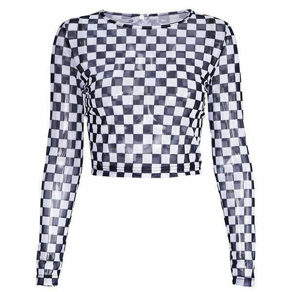 Trendy Y2K Checkered Long Sleeve Crop Top with Stylish Design for Effortless Fashion