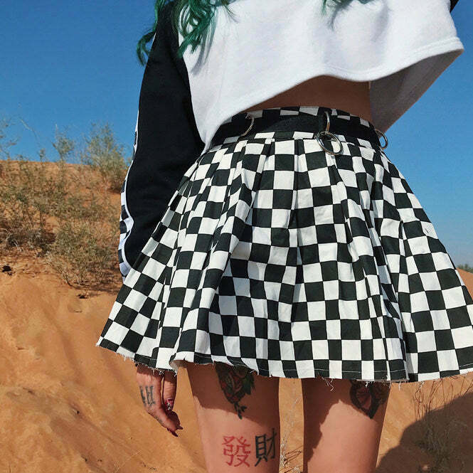 Trendy Y2K Checkered Mini Skirt with Drawstring Waist - Stylish Emo Bubble Skirt