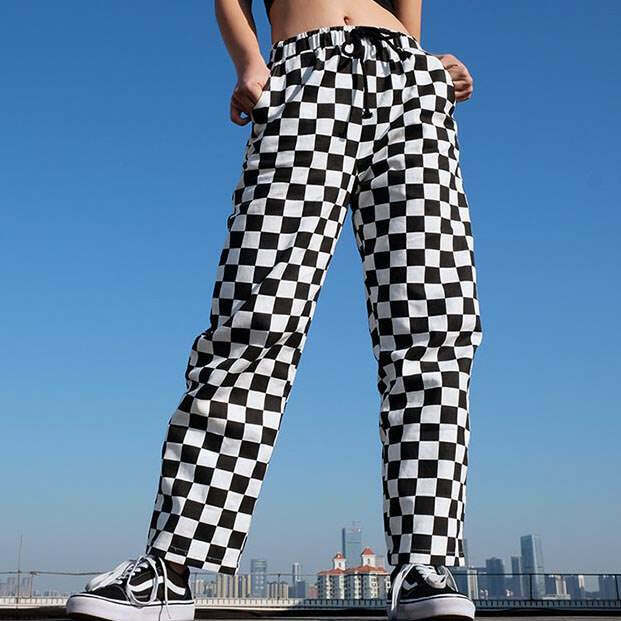 Trendy Y2K Checkered Pants in Orange - Stylish Cargo Jeans with Rivet Details