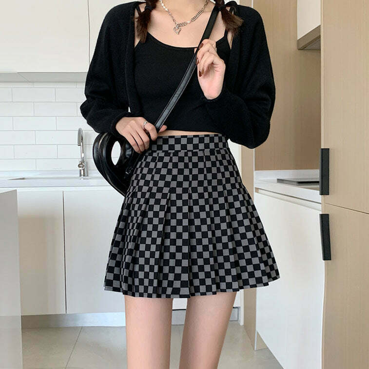 Trendy Y2K Checkered Print Pleated Skirt with Drawstring Detail for Stylish Outfits